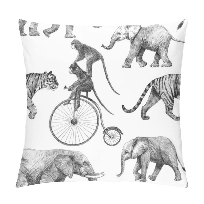 Personality  Beautiful Stock Seamless Pattern With Cute Hand Drawn Safari Giraffe Elephant Tiger Monkey Rhinoanimal Pencil Illustrations. Pillow Covers