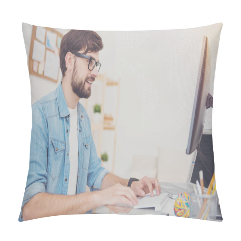 Personality  Delighted Programmer In Glasses Using A Computer Pillow Covers