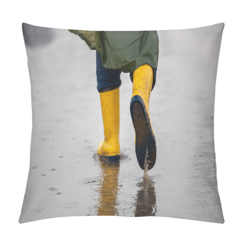 Personality  Close Up Of Farmer's Legs In Yellow Gumboots And Green Raincoat Walking On Puddles After Rain In Field Pillow Covers