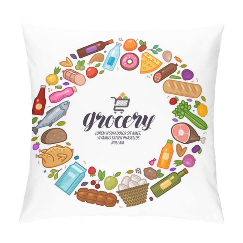 Personality  Grocery Store, Banner. Food, Drinks Set Icons. Vector Illustration Pillow Covers