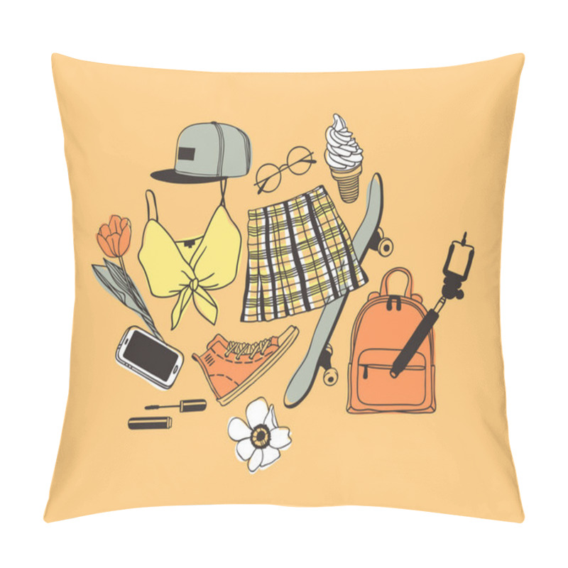 Personality  Hand Drawn Fashion Illustration Summer Outfit. Season Look On Orange Vector Background. Artistic Doddle Drawing Actual Wear. Creative Ink Art Work Pillow Covers