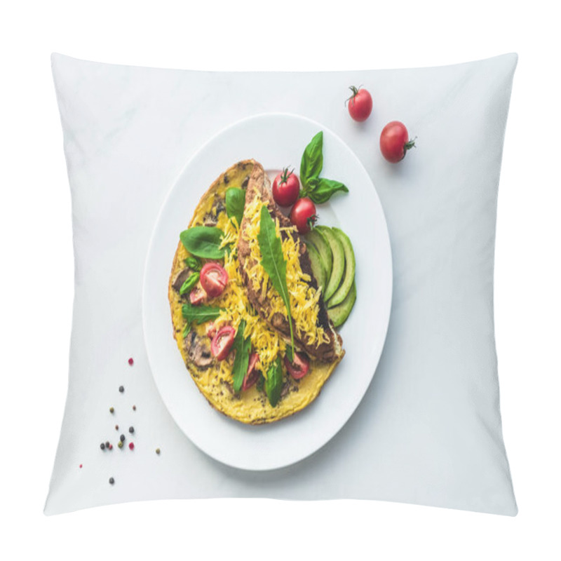 Personality  Top View Of Homemade Omelette With Cherry Tomatoes, Avocado Pieces And Spinach On White Marble Surface Pillow Covers