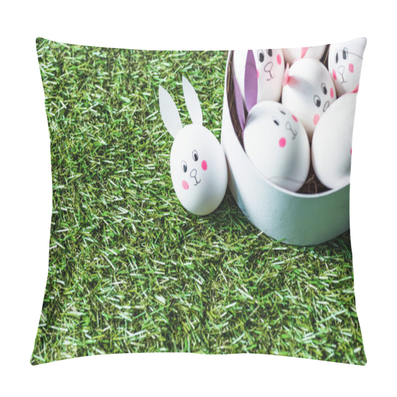 Personality  Chicken Eggs With Funny Bunny Faces And Paper Ears On Green Grass Surface Pillow Covers