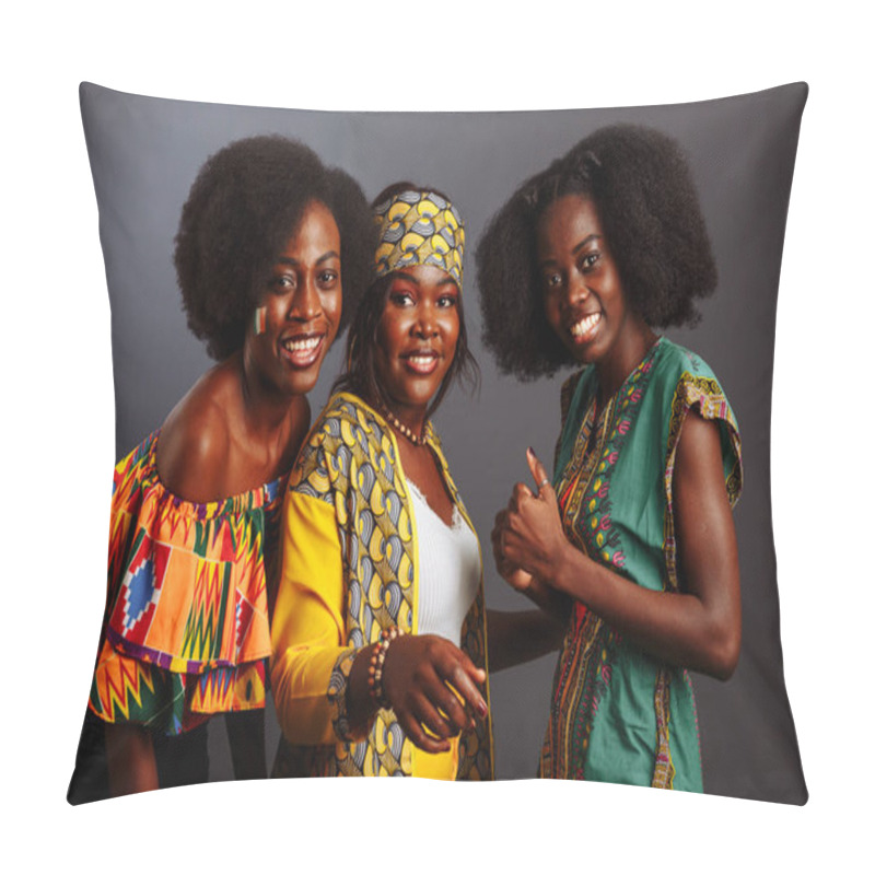 Personality  Three Young Beautiful African Fashion Models Have Fun And Laughing In Traditional Dress. Women From The Congo Republic, Ivory Coast, And Zimbabwe Pillow Covers