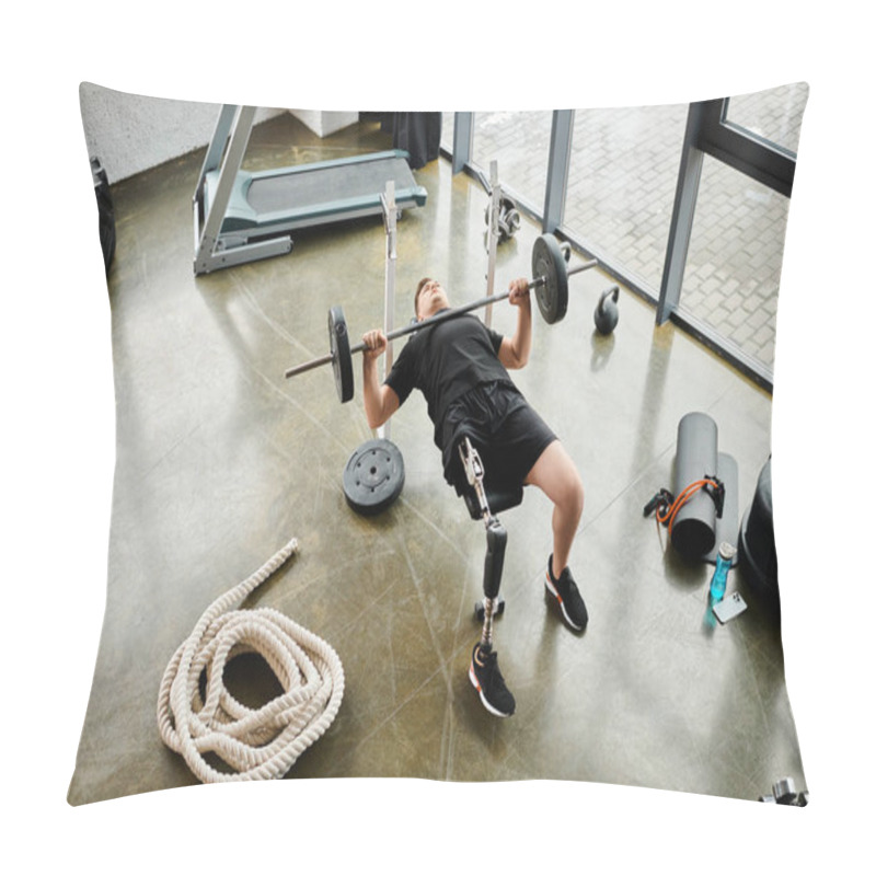 Personality  A Man With A Prosthetic Leg Engages In A Powerful Deadlift In A Gym, Showcasing Strength And Determination. Pillow Covers