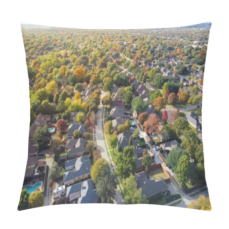 Personality  Quiet Residential Street Situated Between Upscale Single Family Homes With Swimming Pool And Colorful Fall Foliage Suburbs Dallas, Texas, US. Aerial Established Neighborhood With Large Fenced Backyard Pillow Covers