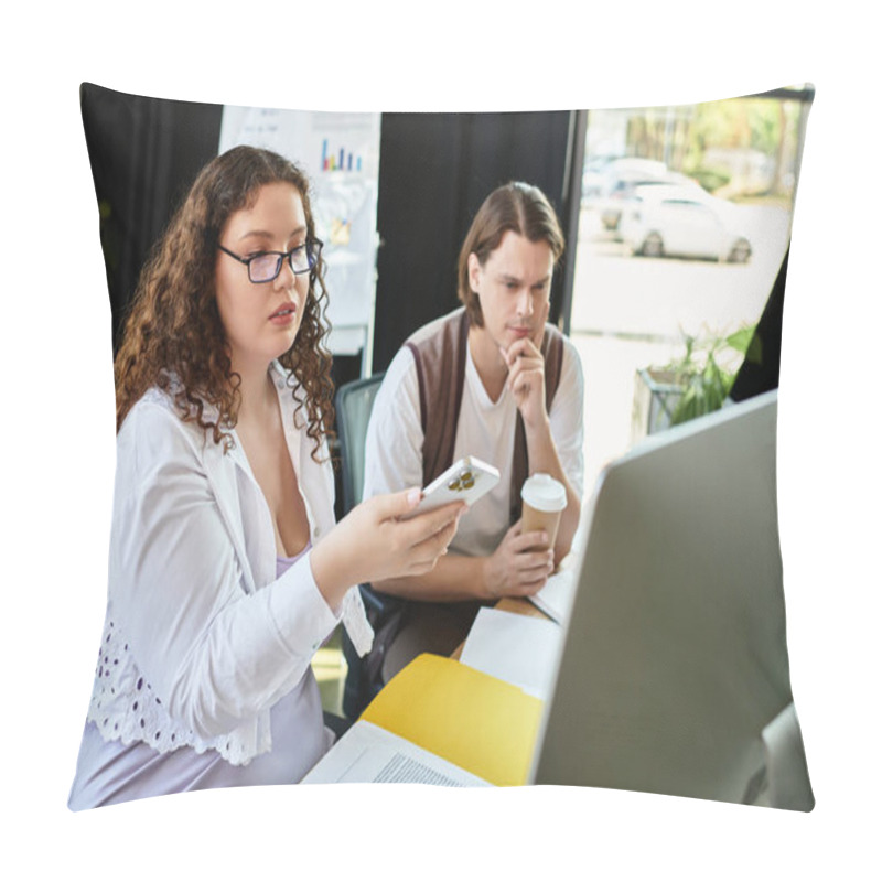 Personality  A Young Plus Size Woman And Her Male Friend Engage In A Creative Discussion In A Bright Workspace. Pillow Covers