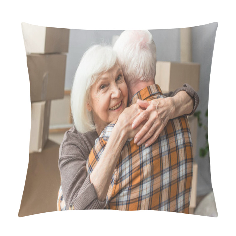 Personality  Senior Woman Hugging Husband In New House, Moving Concept Pillow Covers