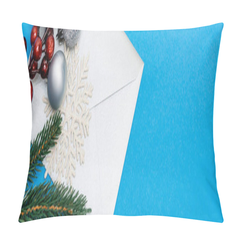 Personality  Top View Of Snowflake, Silver Baubles, Berries, Spruce And Envelope On Blue Background, Banner Pillow Covers