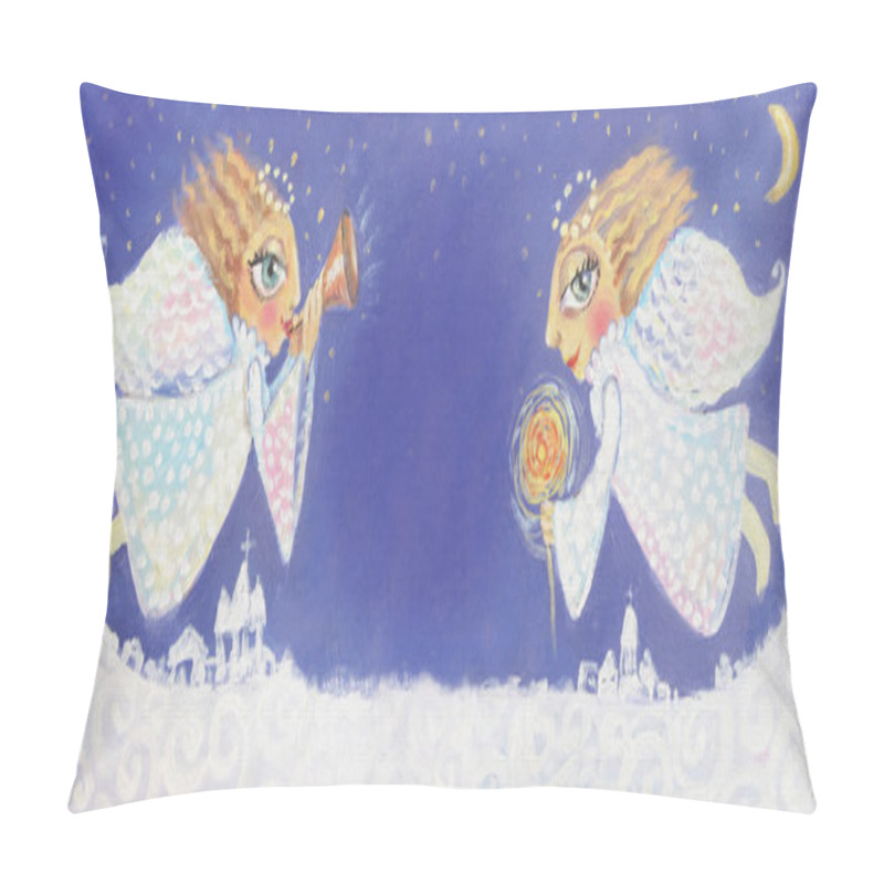 Personality  Illustration Of Cute Little Christmas Angels With Sparkler And Trumpet. Hand Painted Christmas Picture.  Pillow Covers