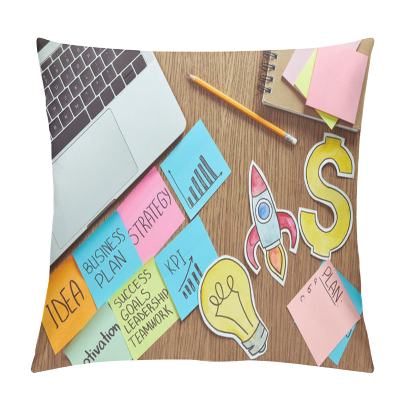 Personality  Elevated View Of Paper Stickers With Business Plan, Paper Signs And Laptop On Table At Home Pillow Covers