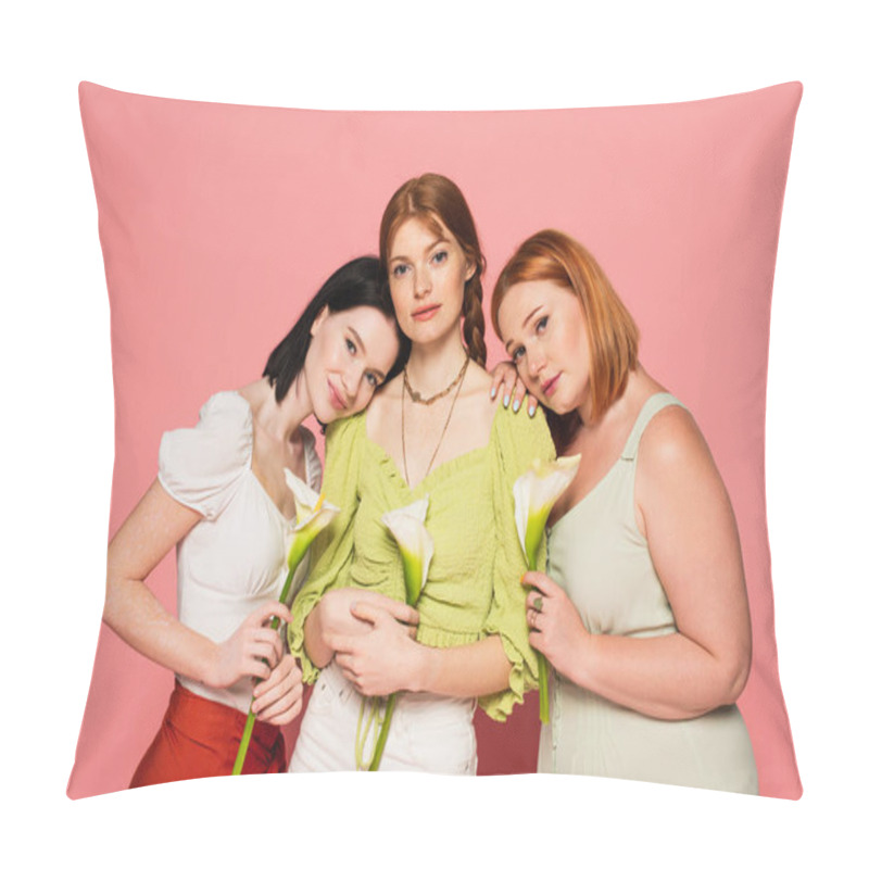 Personality  Stylish Body Positive Women Holding Calla Lilies On Pink Background  Pillow Covers