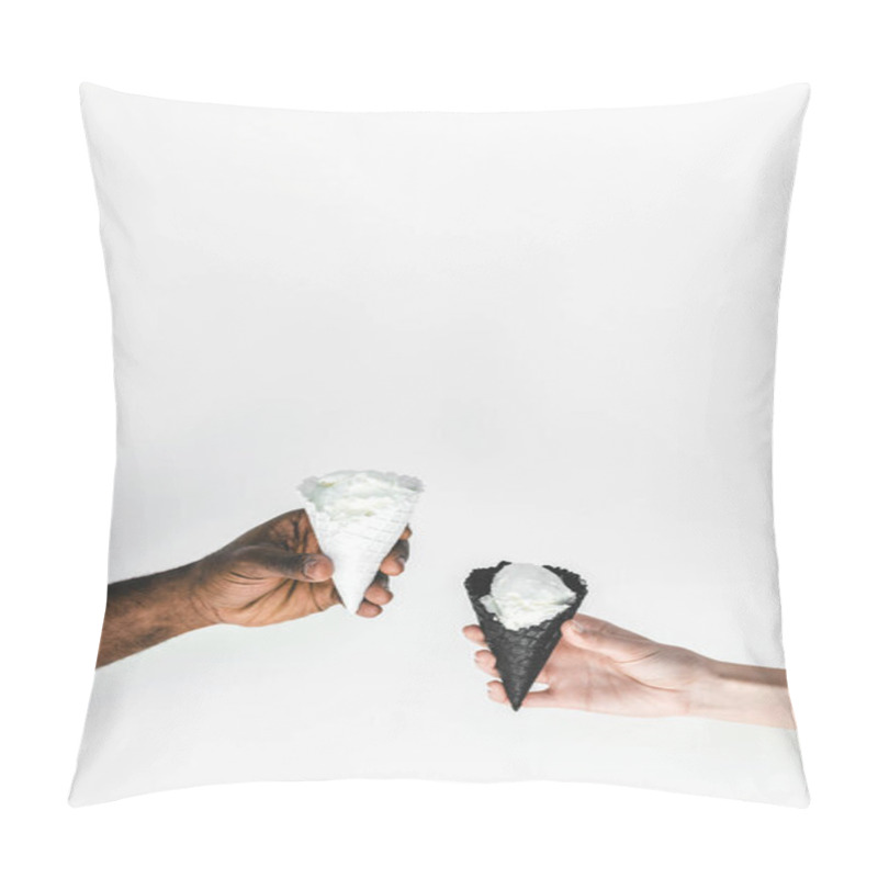 Personality  Cropped Image Of Multicultural Couple Holding Ice Cream Cones Isolated On White Pillow Covers