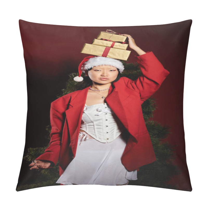 Personality  A Beautiful Asian Woman In Festive Attire Balances Wrapped Gifts Against A Vibrant Backdrop. Pillow Covers