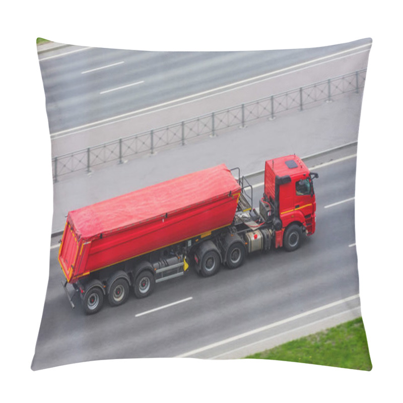 Personality  Heavy Truck With Trailer And Bulk Cargo - Soil, Gravel, Sand Covered With A Rubber Tent Fabric Rides On The Highway In The City Pillow Covers