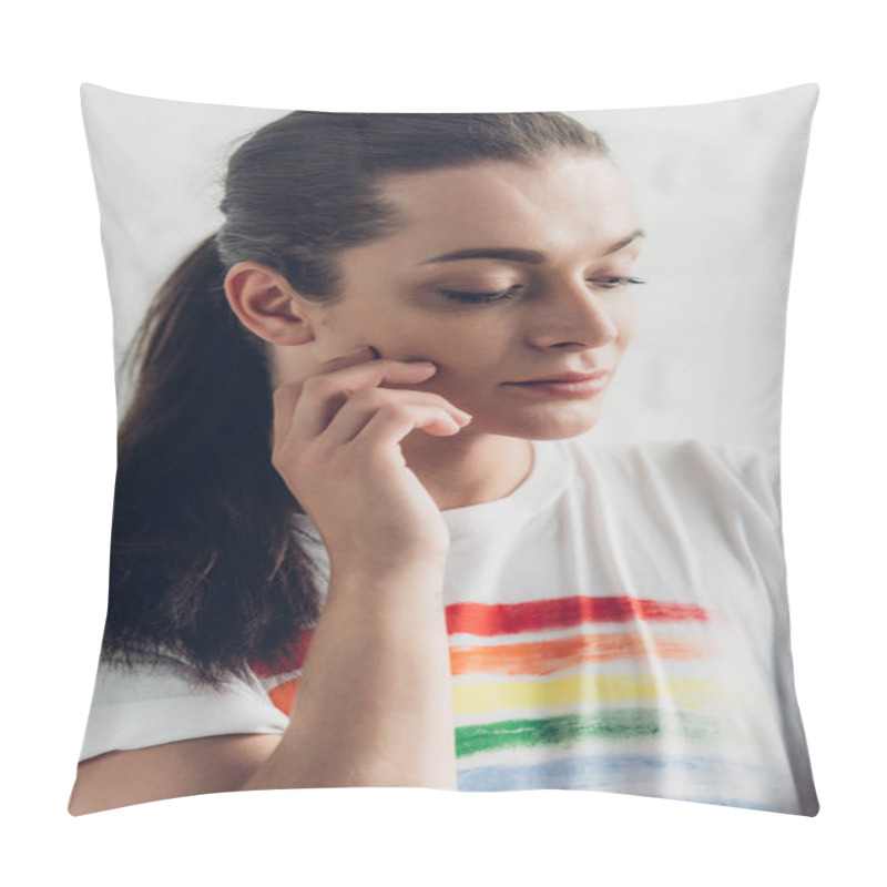 Personality  Close-up Portrait Of Young Transgender Woman In White T-shirt With Pride Flag In Front Of White Brick Wall Pillow Covers