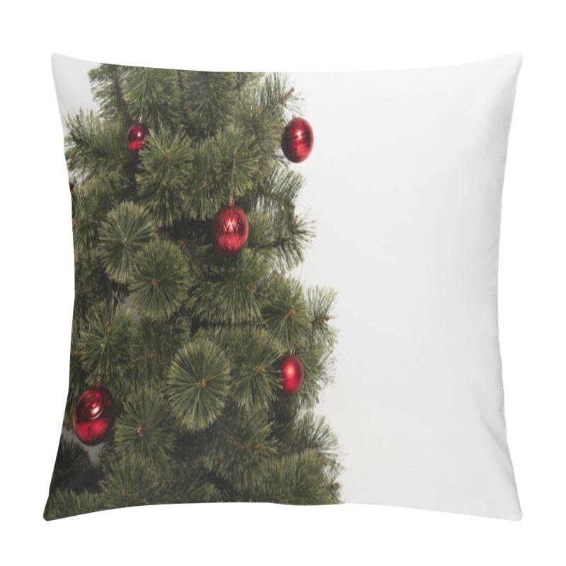 Personality  Green Pine Tree Decorated With Red And Shiny Christmas Balls Isolated On White Pillow Covers