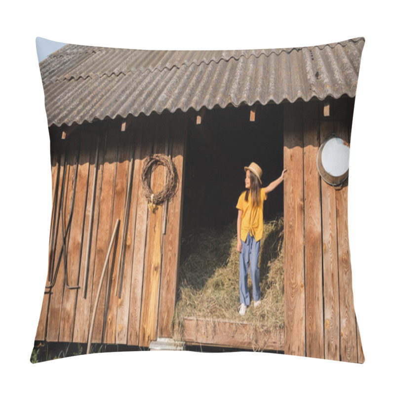 Personality  Full Length Of Girl Standing On Hey In Wooden Barn And Looking Away Pillow Covers