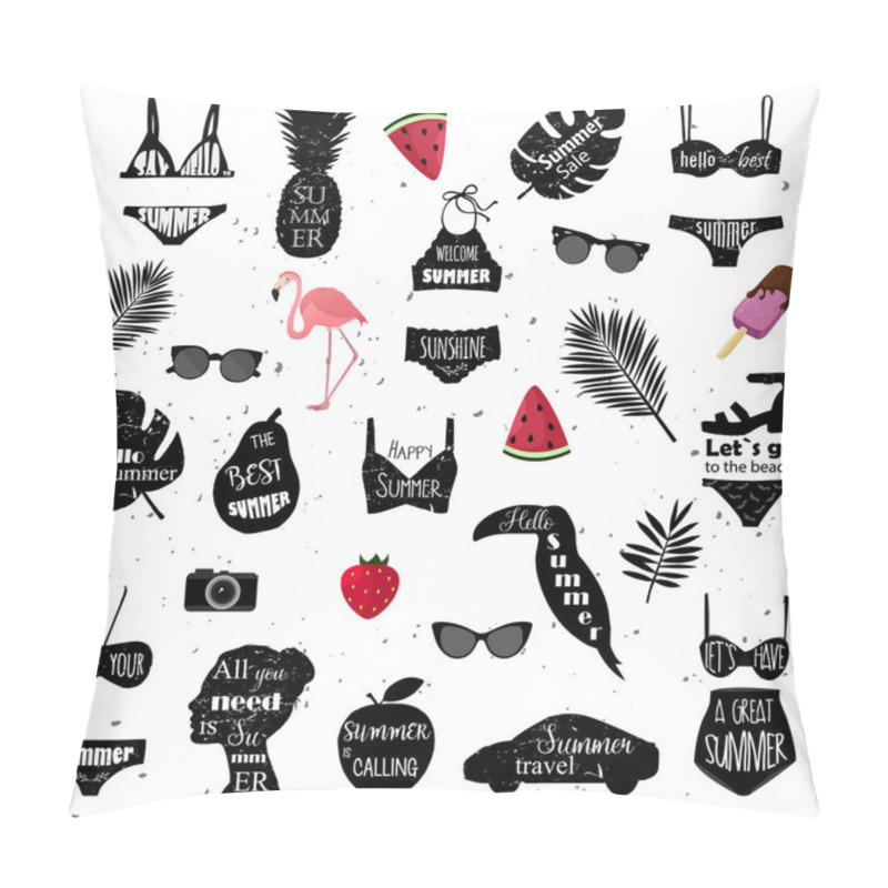 Personality  Summer Icons. Vector Bikini, Palm Leaves, Toucan Bird, Flamingo, Sunglasses, Car, Women Head, Photo Camera, Watermelon Silhouettes On White. Grunge Vintage Texture. Pillow Covers