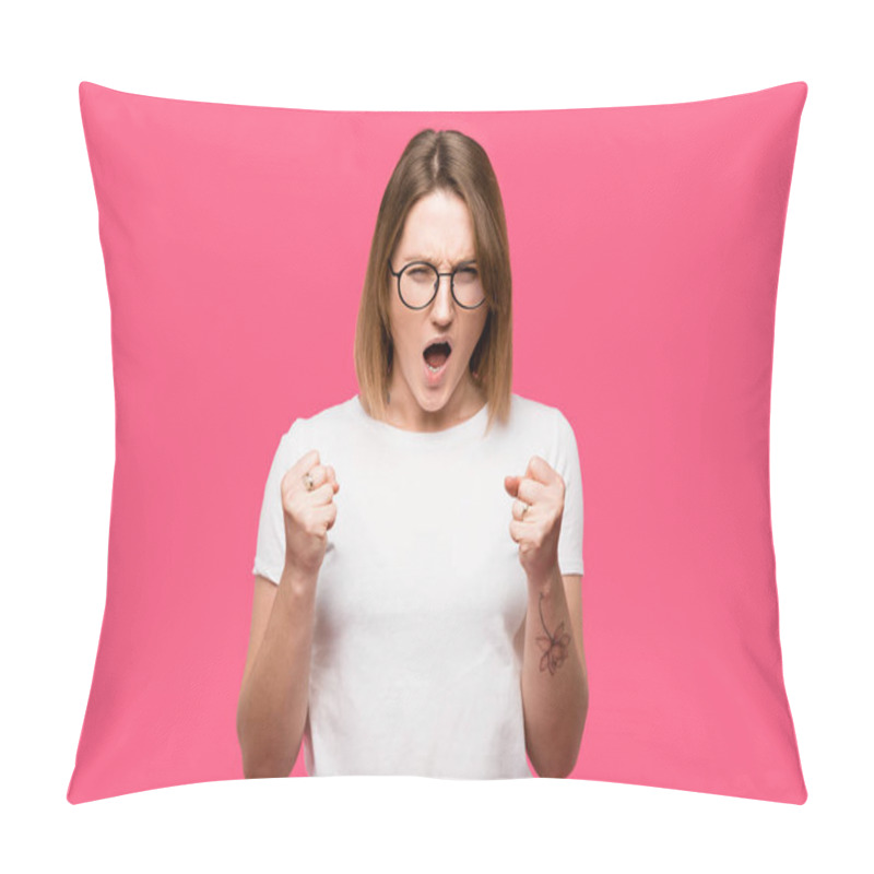 Personality  Angry Girl In Eyeglasses Standing With Raised Fists Isolated On Pink Pillow Covers