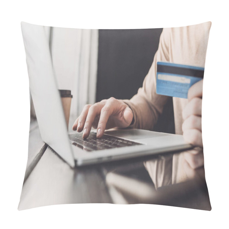 Personality  Man Hand Using Laptop Computer And Holding Credit Card At Home. Young Businessman Or Entrepreneur Working At Office. Online Shopping, E-commerce, Internet Banking, Finance And Freelance Concept Pillow Covers