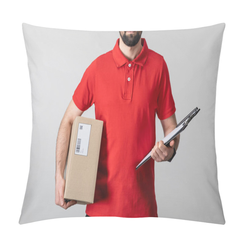 Personality  Cropped View Of Bearded Courier Holding Clipboard And Cardboard Package Isolated On Grey Pillow Covers