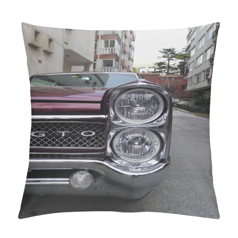 Personality  Istanbul, Turkey - April 7, 2018 : Istanbul, Turkey - April 7, 2018 : Front View And Headlight Detail Of A Violet Colored 1965 Pontiac GTO At Street At The Istanbul, Moda District. Pillow Covers