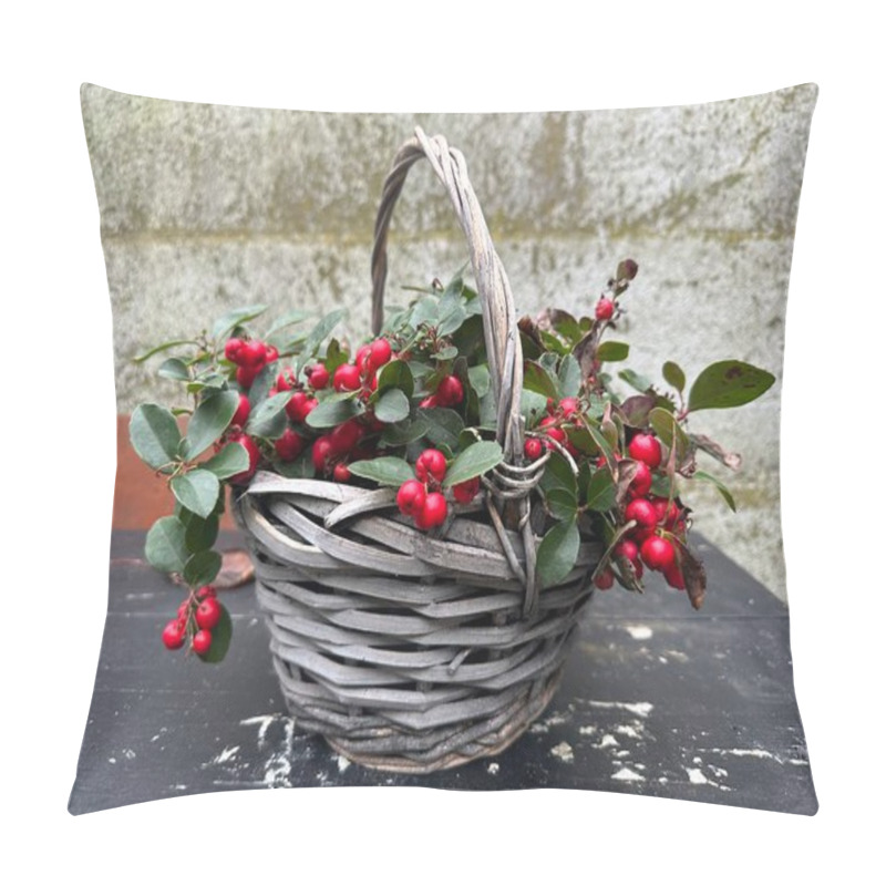 Personality  Basket With Red Berries. A Wicker Basket Filled With Vibrant Gaultheria Berries. Set Against A Textured Stone Background, The Scene Exudes A Rustic Charm Pillow Covers