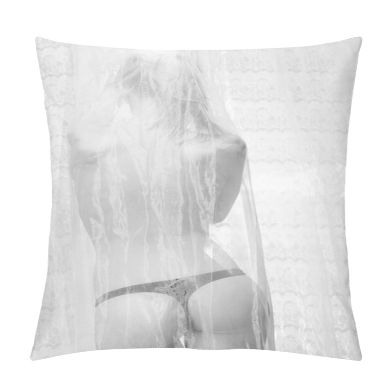 Personality  Black White Photography Of Female Silhouette Hiding Behind Tulle Curtain Pillow Covers