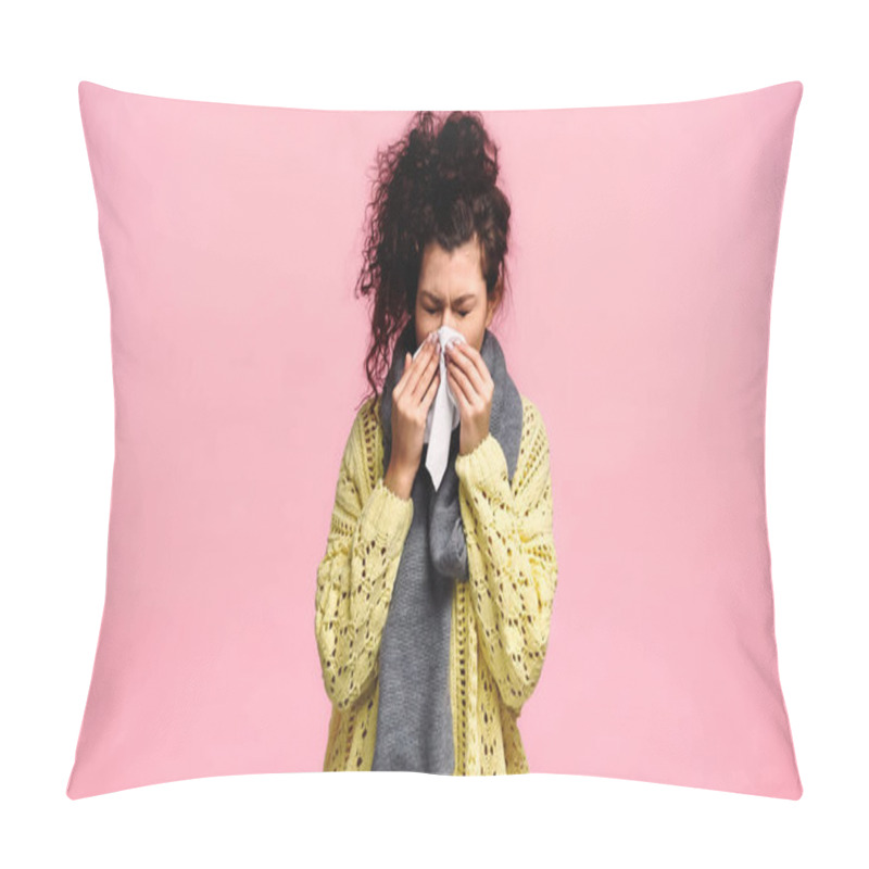 Personality  Sick Woman With Closed Eyes Sneezing In Paper Napkin Isolated On Pink Pillow Covers