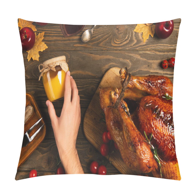 Personality  Cropped View Of Male Hand Near Jar Of Honey And Thanksgiving Turkey On Wooden Table With Fall Decor Pillow Covers