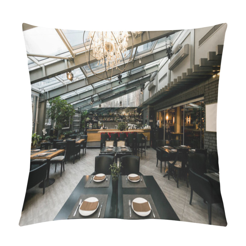 Personality  View Of Stylish Empty Cafe With Arranged Tables And Chairs For Visitors Pillow Covers