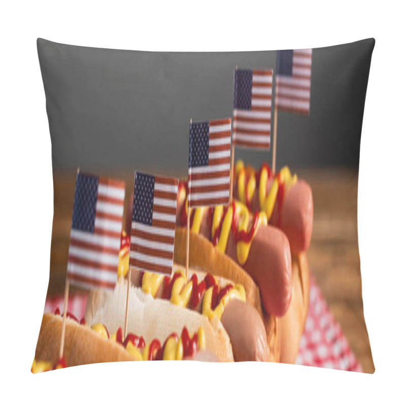 Personality  Tasty Hot Dogs With Ketchup, Mustard And Small Usa Flags Isolated On Grey, Banner Pillow Covers