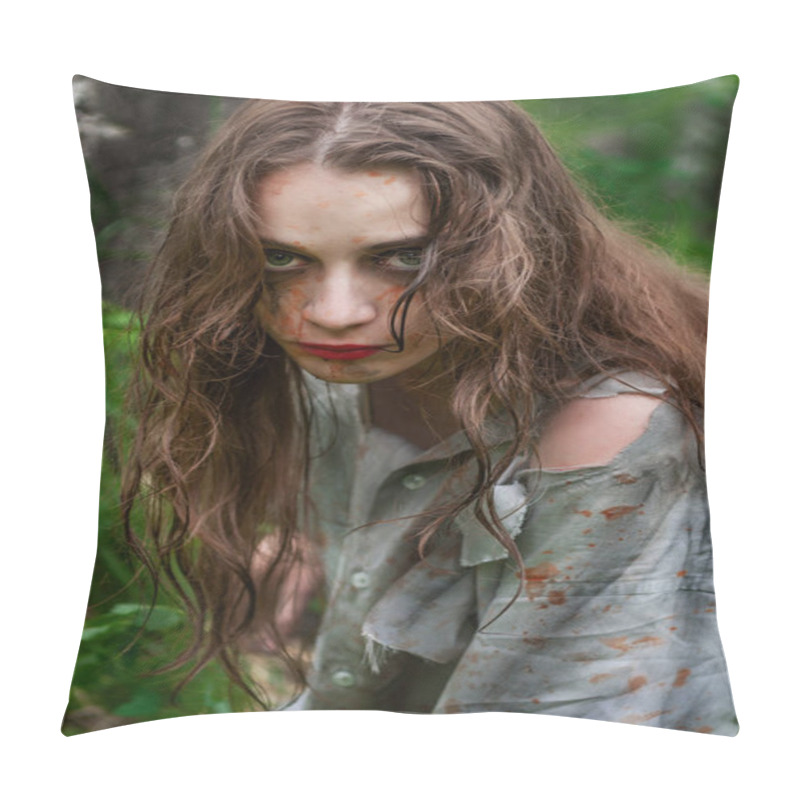 Personality  Beautiful Young Dirty Mad And Manic Looking Girl Wearing Torn Clothes And Smeared With Mud And Dried Blood Steals With A Knife In Her Hand In The Forest. Copy Space. Concept Design. Pillow Covers