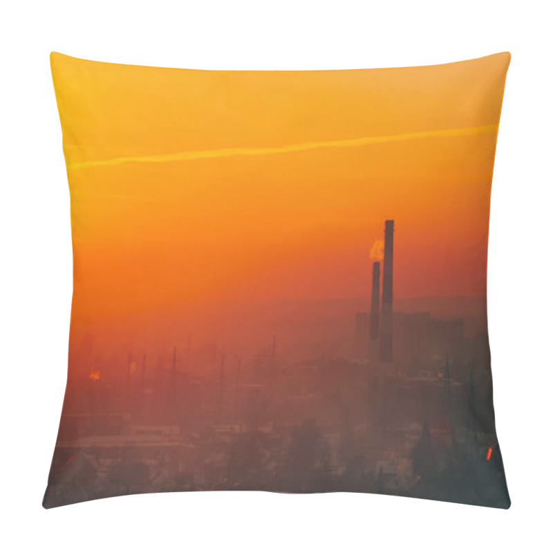 Personality  Smog Among Silhouettes Of Buildings On Sunrise. Smokestack In Dawn Sky. Environmental Pollution On Sunset. Harmful Fumes From Stack Above City. Mist Urban Background With Warm Orange Yellow Sky. Pillow Covers