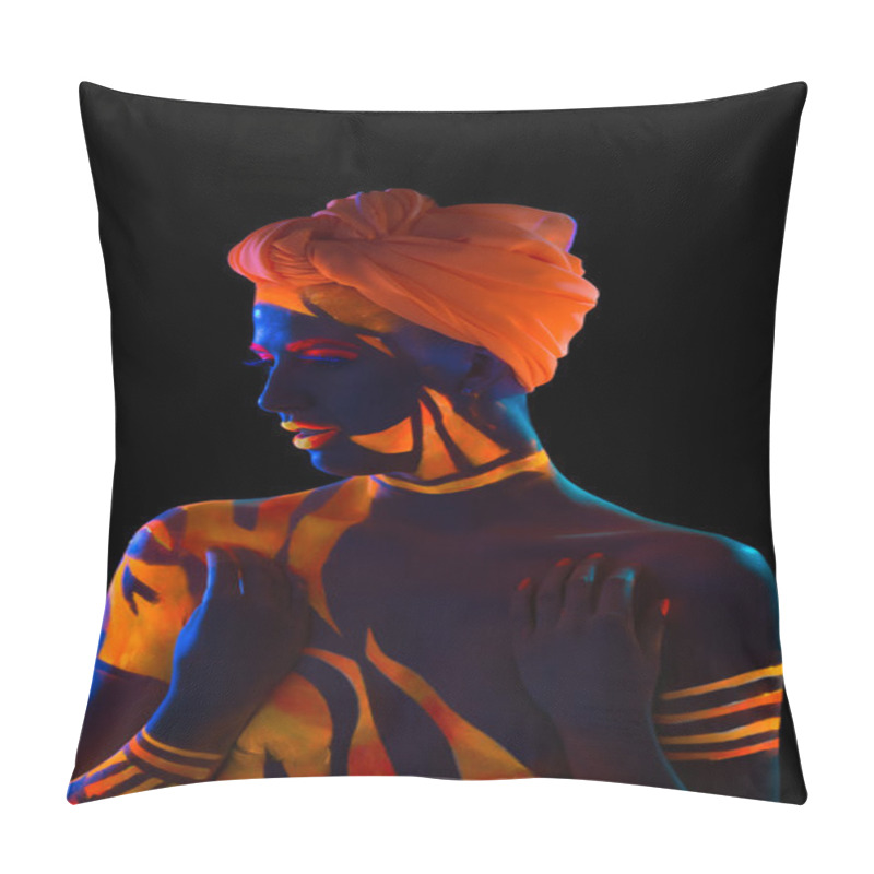 Personality  Portrait Of Topless Woman With Body Art And Turban Pillow Covers