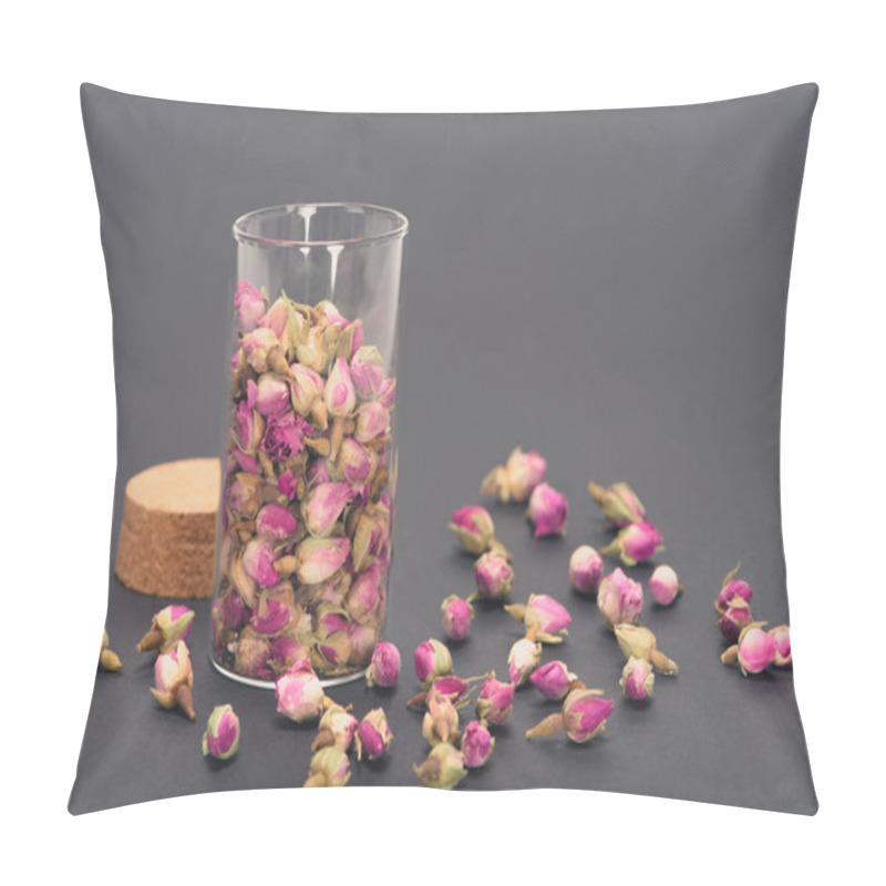 Personality  Close Close-up View Of Beautiful Dry Rose Buds In Glass Jar On Grey  Pillow Covers