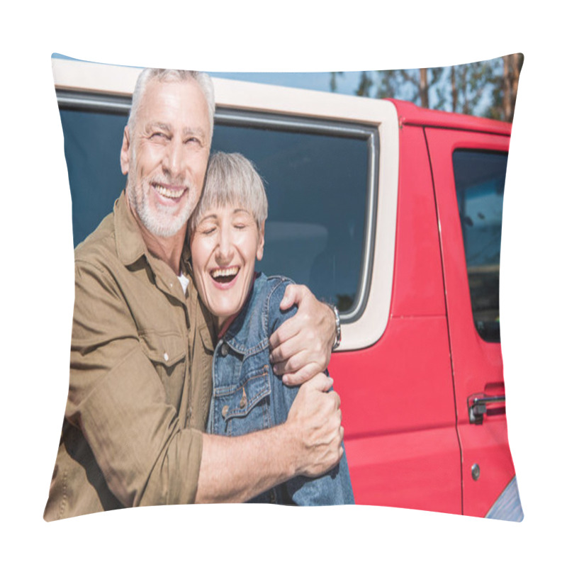 Personality  Smiling Senior Couple Of Tourists Standing Near Red Car And Embracing In Sunny Day Pillow Covers