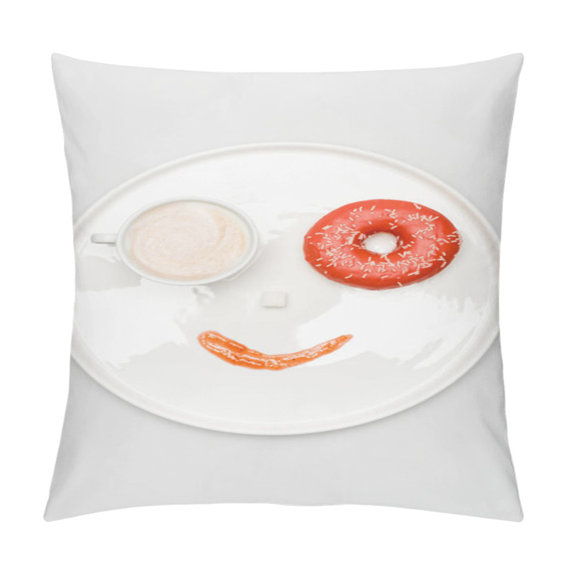 Personality  Top View Of Smiling Face Made Of Latte In Cup, Doughnut, Sugar Cube And Jam On Round Tray On White Pillow Covers