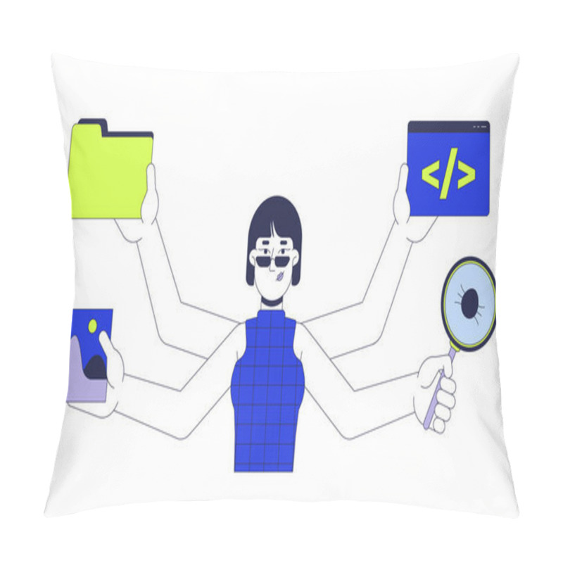 Personality  Multitasking Woman Programmer 2D Cartoon Character. Managing Tasks. Multi Hands Korean Female Coding Computer Engineer Isolated Person Flat Vector On White Background. Spot Illustration Colorful Pillow Covers