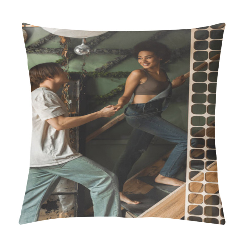 Personality  Sexy African American Woman In Overalls Holding Hands With Boyfriend While Walking Upstairs In Workshop Pillow Covers