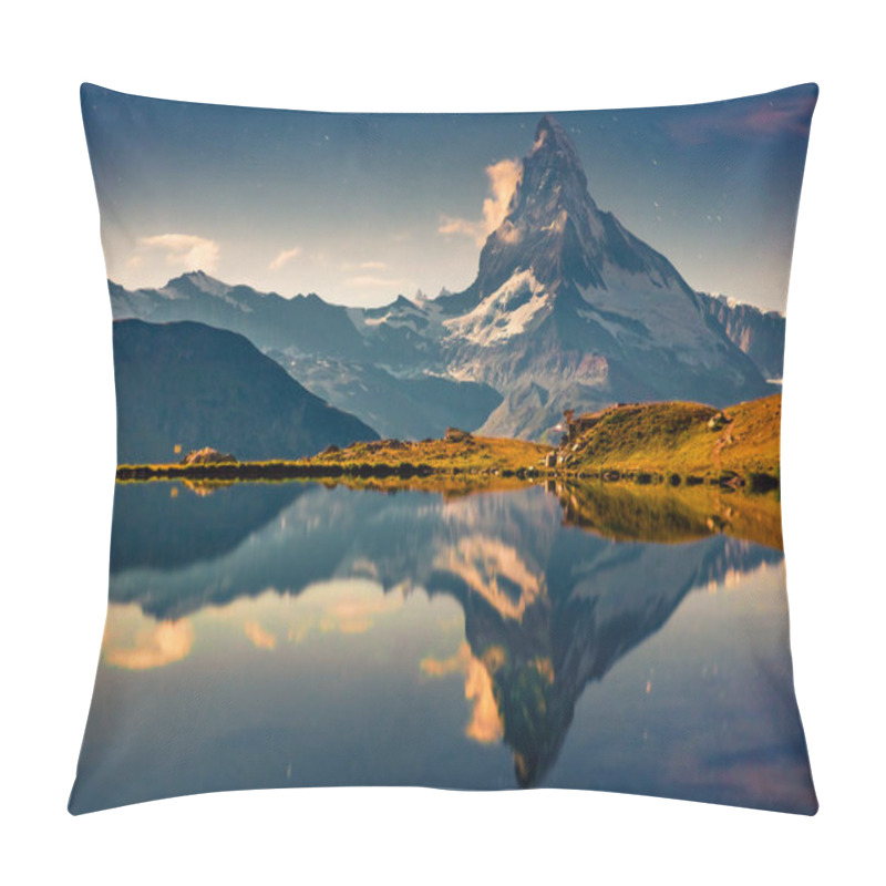 Personality  Great Night View Of The Stellisee Lake. Splendid Outdoor Scene With Matterhorn (Monte Cervino, Mont Cervin) In Swiss Alps, Zermatt Location, Valais Canton, Switzerland, Europe. Pillow Covers