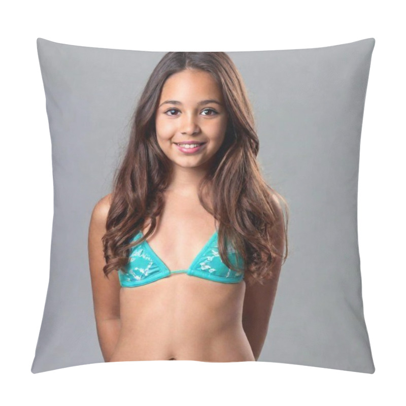 Personality  Young Hispanic Girl Wearing Bikini With Blue Shirt With A Happy And Cool Smile On Face. Lucky Person. Pillow Covers