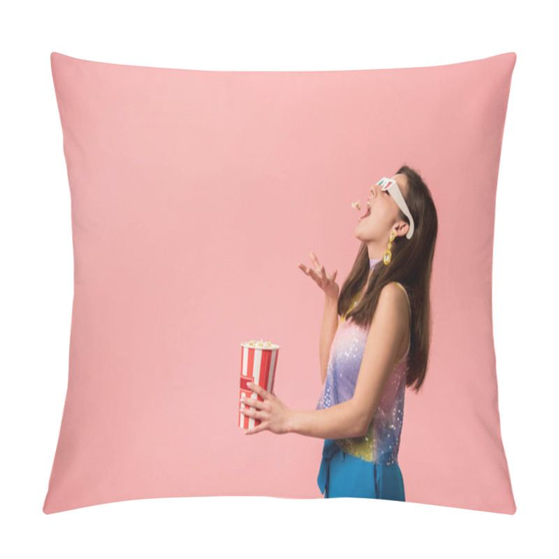 Personality  Side View Of Happy Young Stylish Disco Girl In 3d Glasses Throwing Popcorn In Mouth Isolated On Pink Pillow Covers