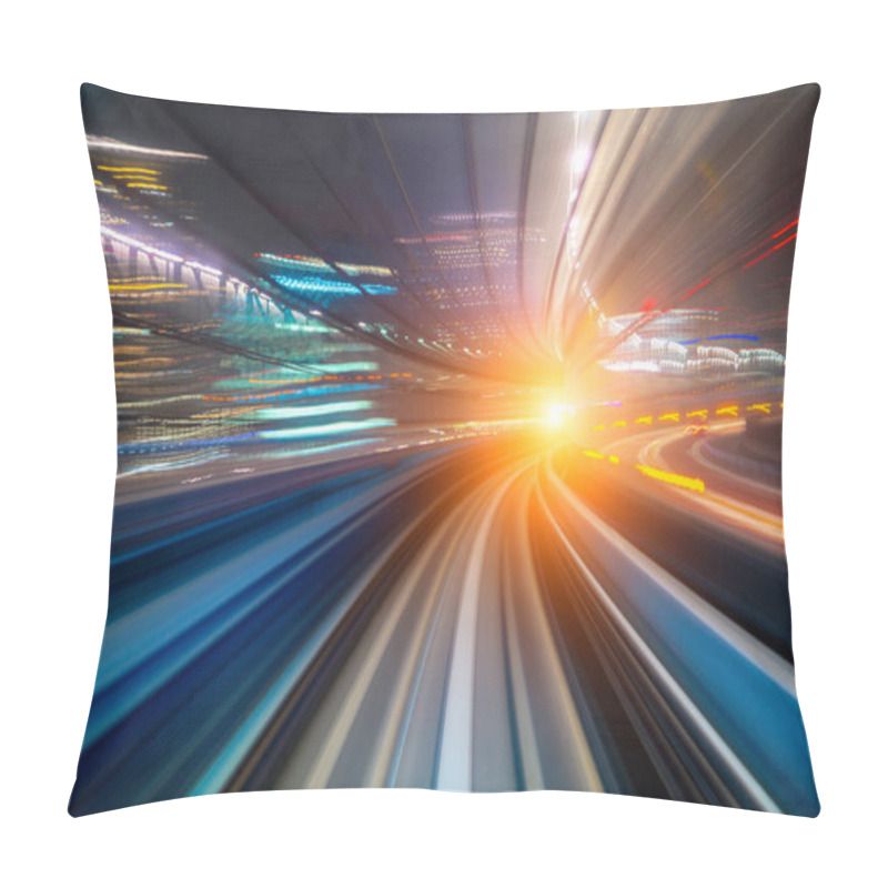 Personality  Motion Blur Of A City And Tunnel From Inside A Moving Monorail In Tokyo. Abstract Motion Speed Railway Tunnel With City Background Pillow Covers