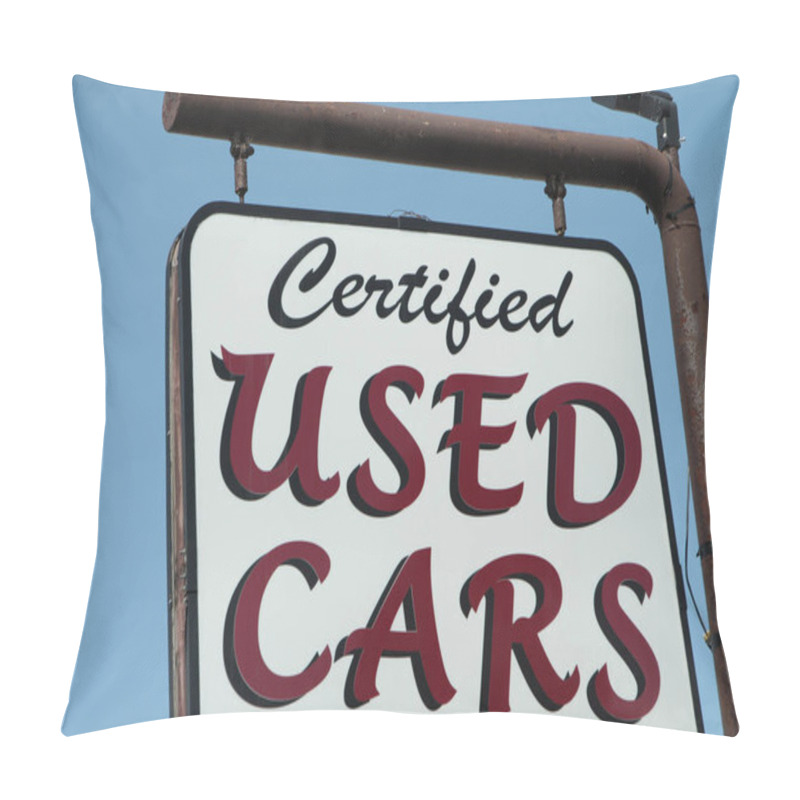 Personality  Certified Used Cars Writing Caption Text Sign Hanging From Metal Post In Nice Writing, Burgundy And White With Blue Sky Behind Pillow Covers