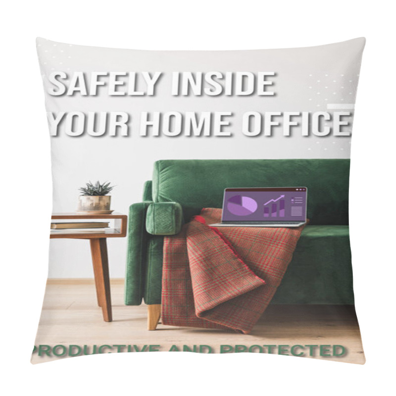 Personality  Green Sofa, Blanket And Laptop With Charts And Graphs Near Safely Inside Your Home Office Lettering, Wooden Coffee Table With Plant And Books Pillow Covers