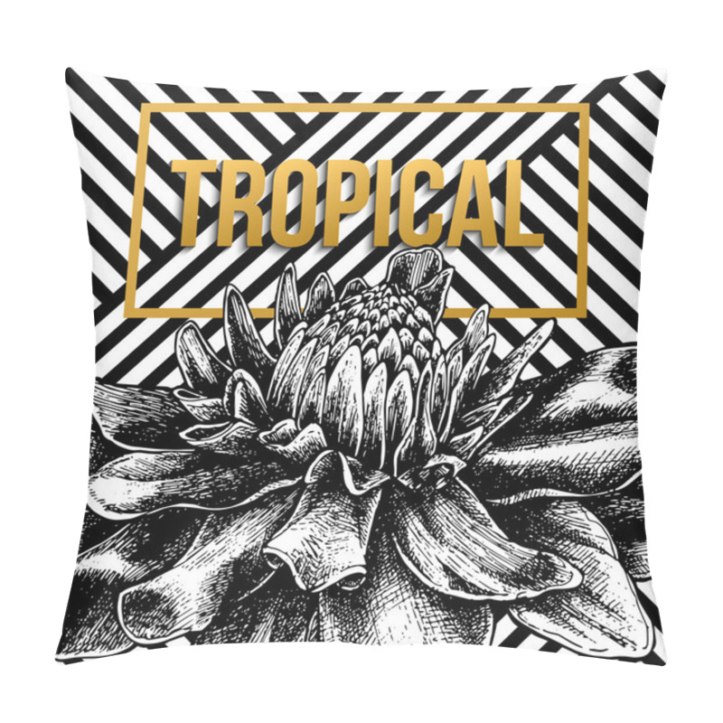 Personality  Geometric Striped Ornament With Exotic Tropical Flowers. Print Summer Floral Etlingera. Tropic Card With Gold Text. Vector Eps 10 Format. Pillow Covers