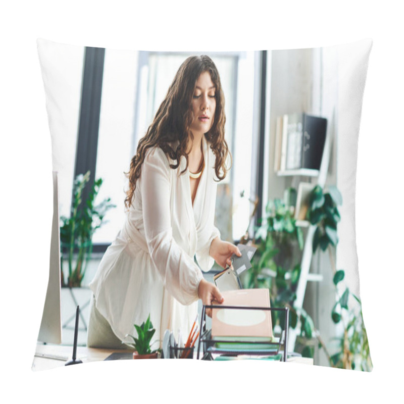 Personality  This Young Woman Is Focused On Organizing Her Workspace, Surrounded By Plants And Natural Light. Pillow Covers