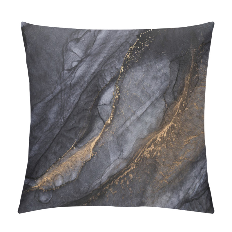 Personality  Luxury Abstract Dark Background In Alcohol Ink Technique, Black Gold Liquid Painting, Scattered Acrylic Blobs And Swirling Stains, Printed Materials Pillow Covers